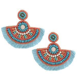 Ethnic Flair Hand-Beaded Fan Earrings with Fringe Turquoise and Coral 28248